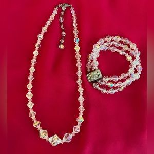Vintage Aurora Borealis Crystal Necklace and Bracelet Set.